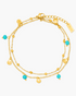 Gold anklet with turquoise beads on a white background